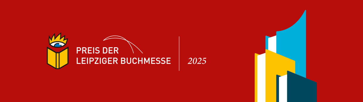 Grafik mit dem Logo vom Preis der Leipziger Buchmesse 2025 auf dunkelrotem Hintergrund und einem angedeuteten Bücherstapel