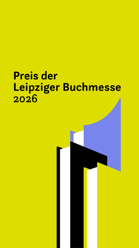 Grafik mit dem Logo vom Preis der Leipziger Buchmesse 2026 auf zitronengelbem Hintergrund und einem angedeuteten Bücherstapel